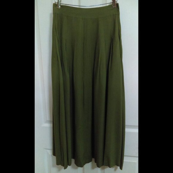Vintage Rayon Button-Front Skirt Pleats Olive Green  Flowy Hunters Run Size 8 - Picture 3 of 9